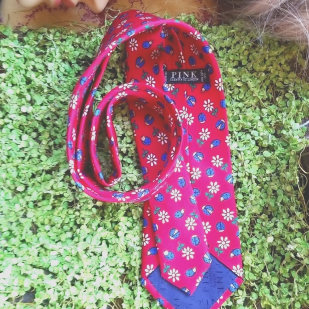 PINK Jermyn St London Daisy Daisies Red Silk Lady Bugs Neck Garden Whimsical TIE - Picture 10 of 12